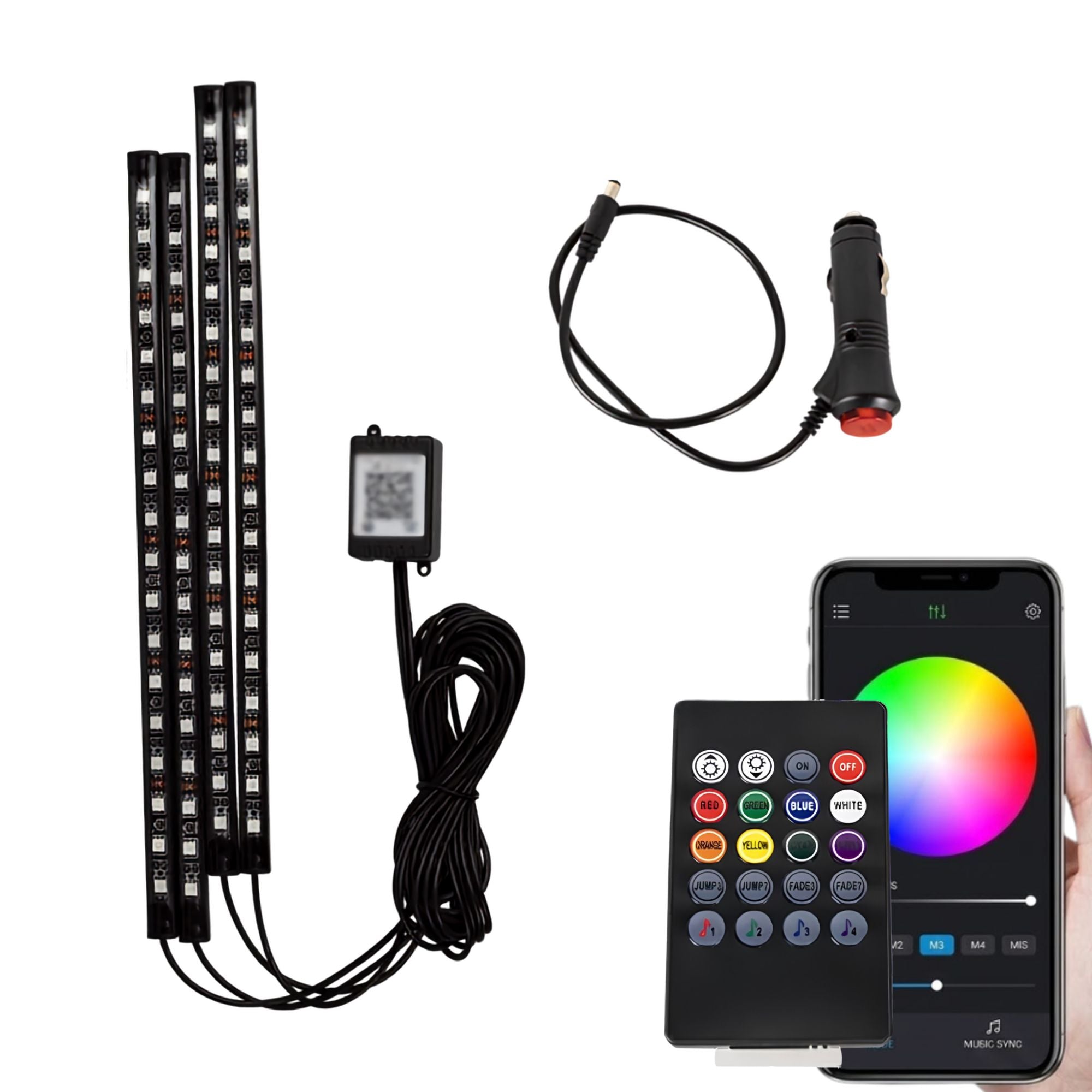 A 4-light LED strip light kit with a car power adapter, controller box, remote control, and a smartphone showing a color-changing app screen. A hand is holding the smartphone on the right.