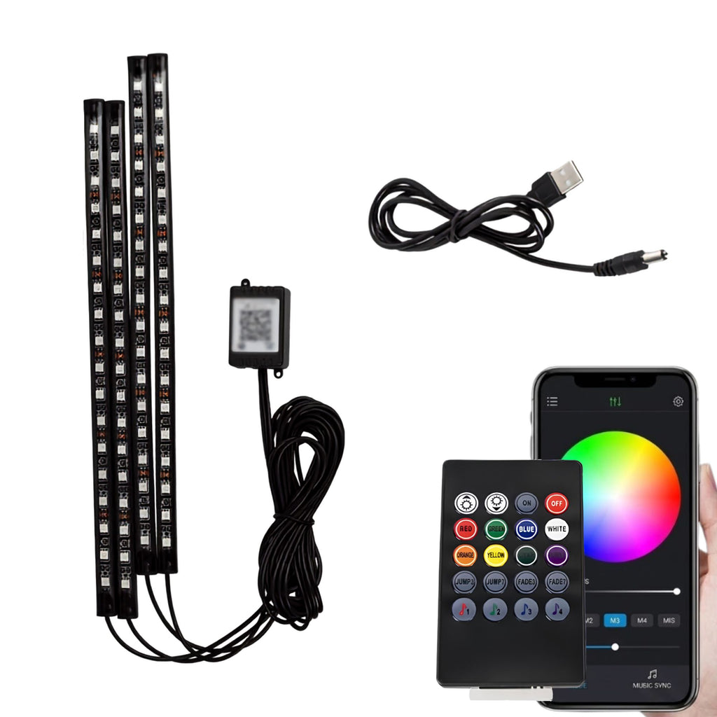 RGB LED strip light kit with three long black strips, a USB cable, a power adapter, a small control box, a handheld remote, and a smartphone showing a colorful app screen. A hand is partially visible holding the phone.