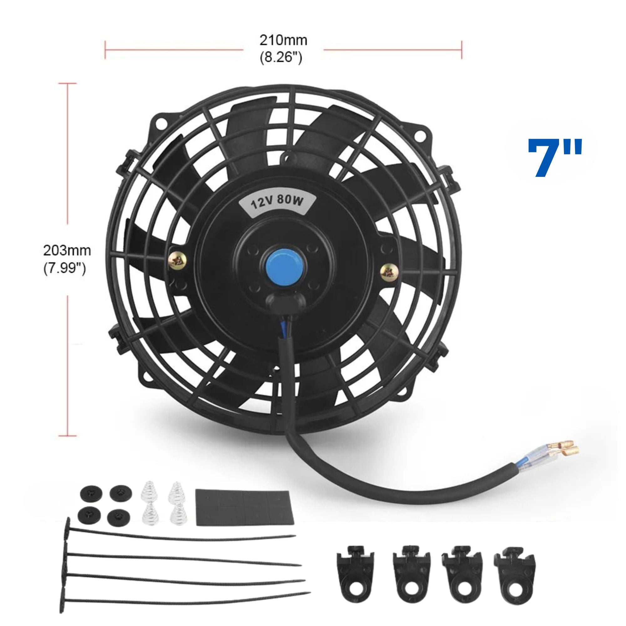 Universal Radiator Cooling Fan 7-inch variant close-up product shot showing 210mm by 203mm dimensions, the 12V 80W motor label and included mounting accessory kit