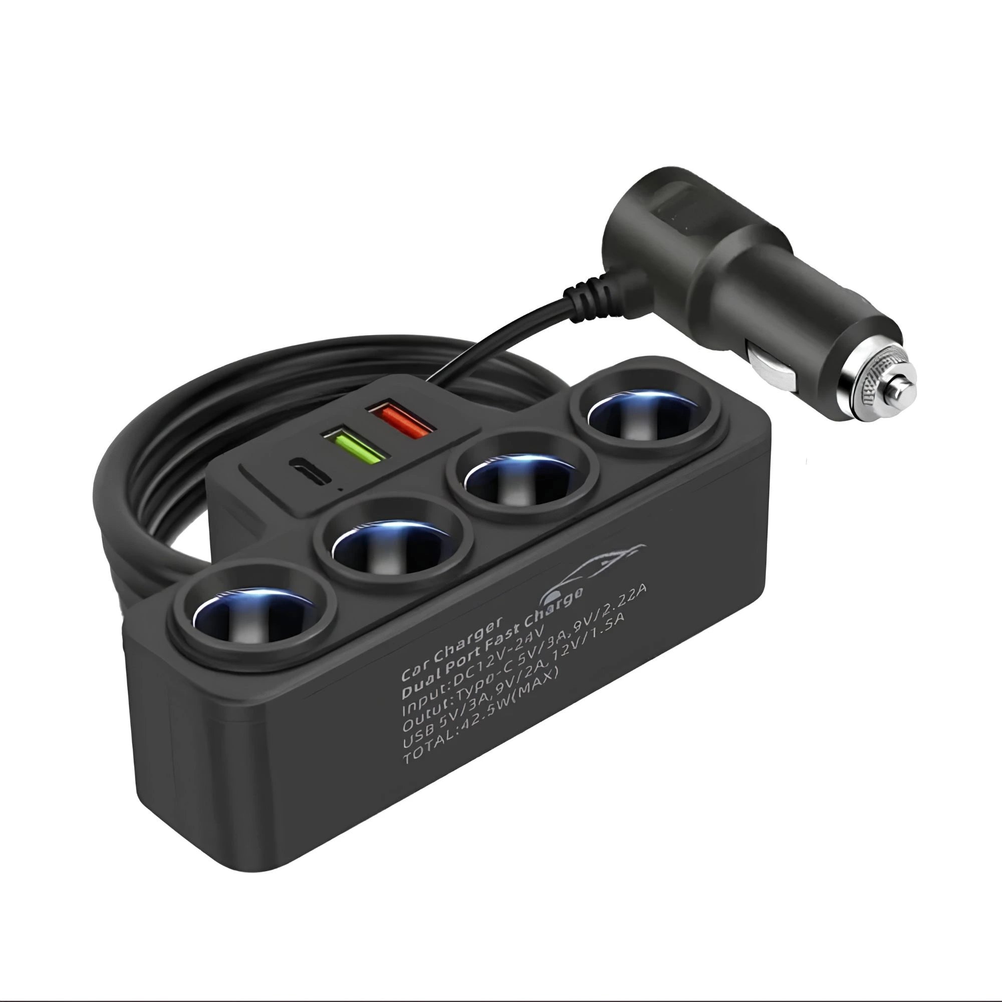 7-in-1 Multi-Port Car Charger Hub with extra cigarette lighter sockets and USB charging ports on a white background