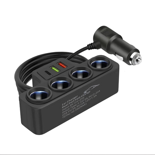 7-in-1 Multi-Port Car Charger Hub with extra cigarette lighter sockets and USB charging ports on a white background