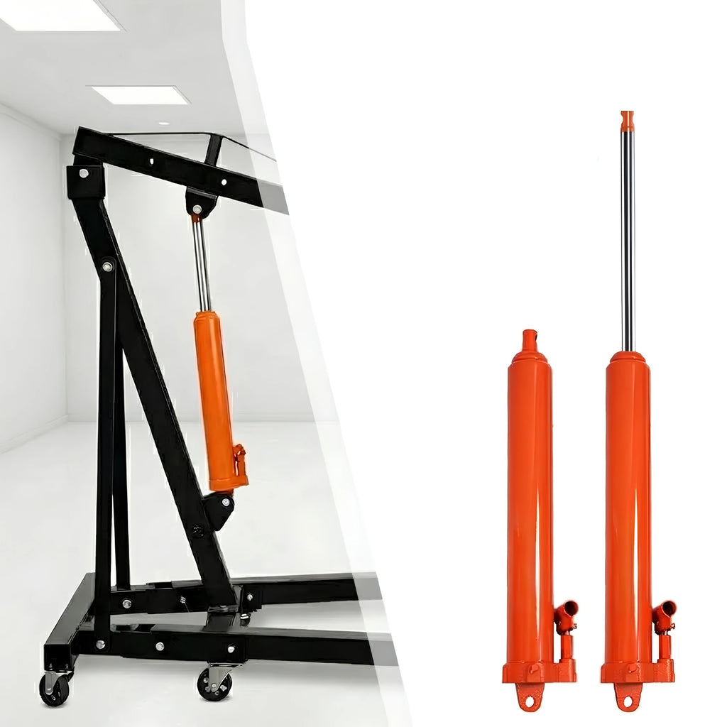 Orange 8-Tonne Long Ram Jack shown retracted and extended beside a black workshop engine crane