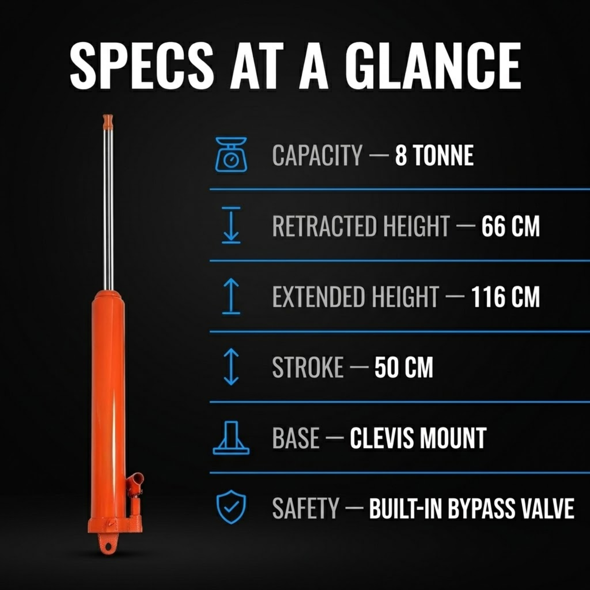 8-Tonne Long Ram Jack specifications: 8 tonne capacity, 66 cm retracted, 116 cm extended, 50 cm stroke, clevis mount, bypass valve