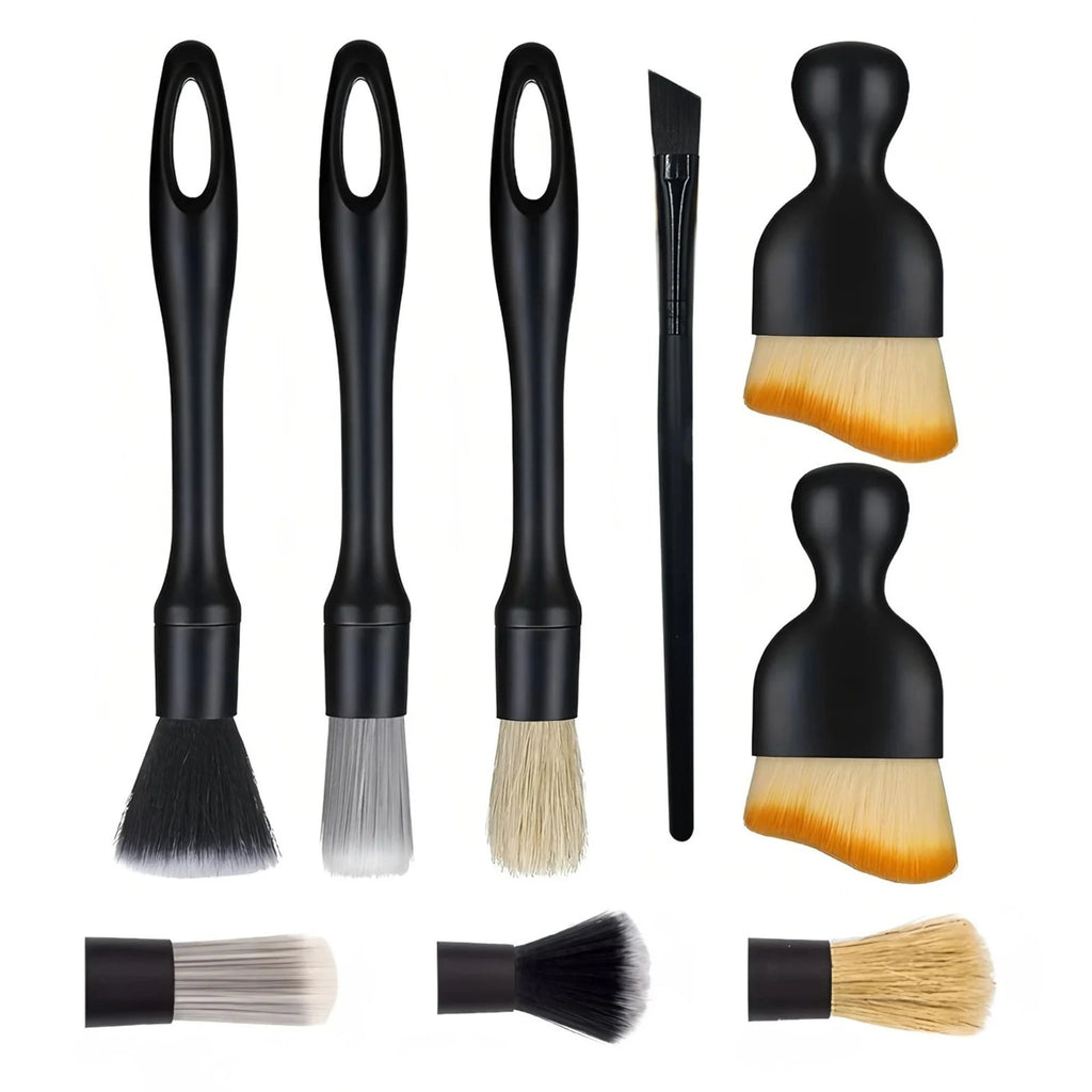 9-piece car detailing brush kit with black handles and varied bristle types displayed on a white background.
