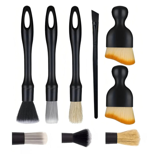9-piece car detailing brush kit with black handles and varied bristle types displayed on a white background.