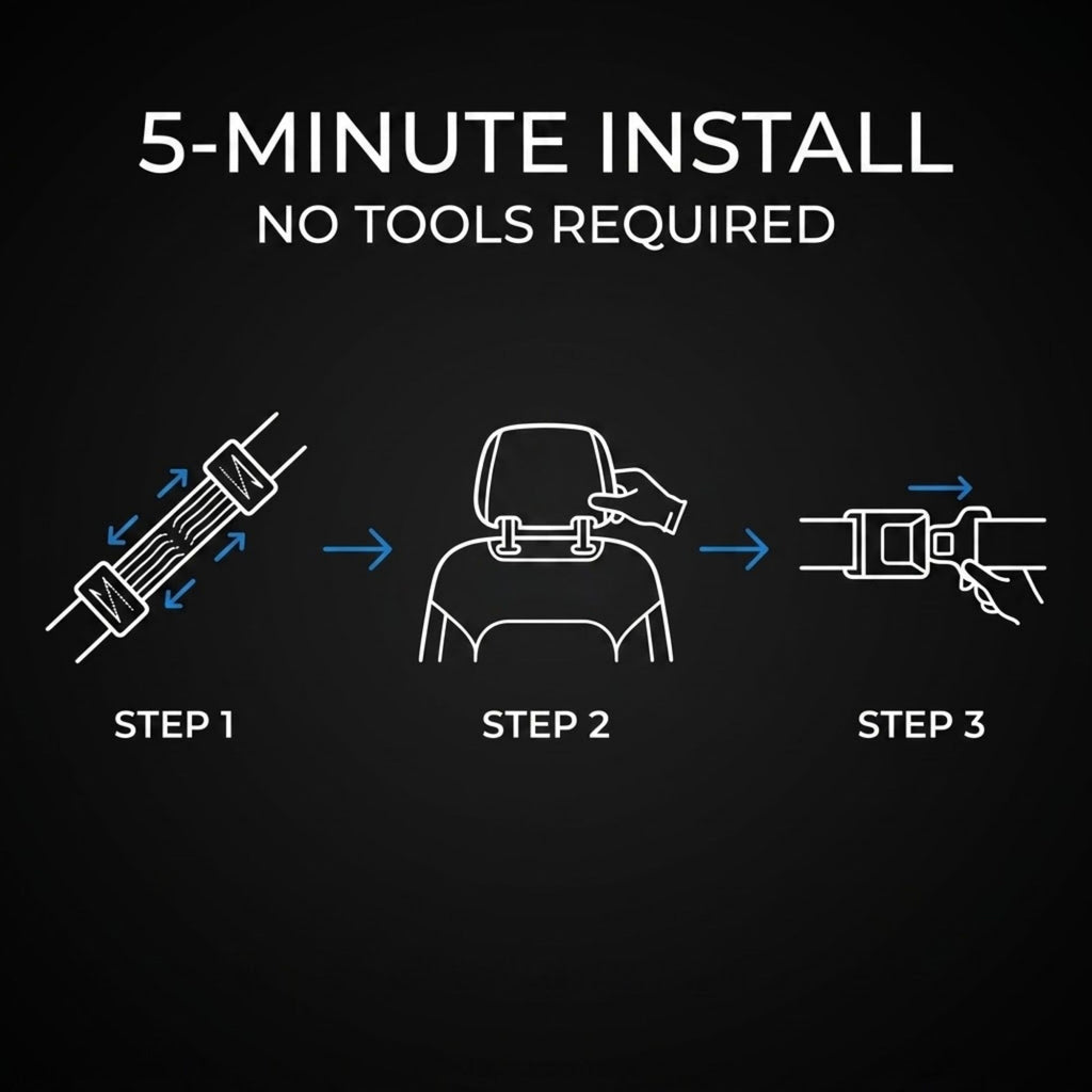 Instruction graphic showing a 5-minute installation with three steps: attaching a seat belt clip, mounting it behind a car headrest, and fastening the seat belt, on a black background.