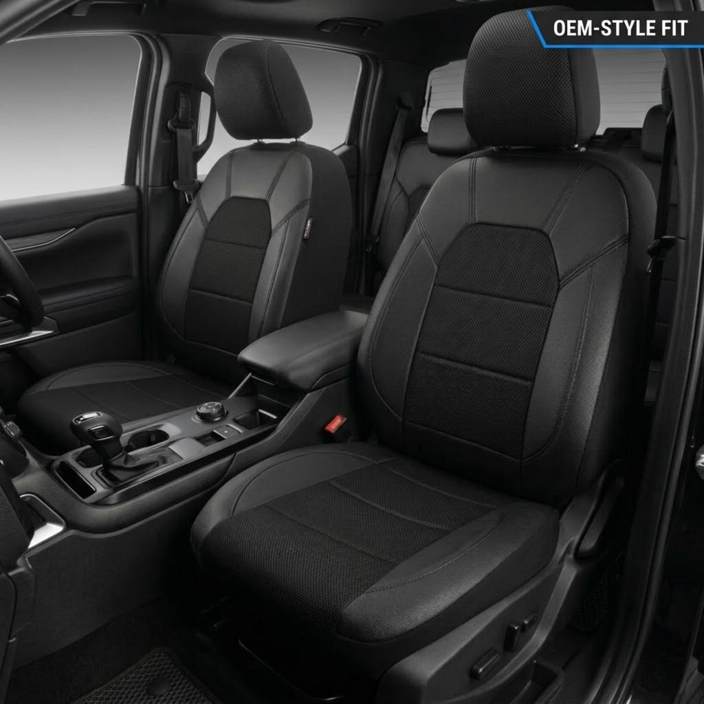 Black car seat covers installed on the front seats of a vehicle interior, shown with the door open. The product is fitted to an OEM-style fit, with a blue 'OEM-STYLE FIT' badge in the top right corner.