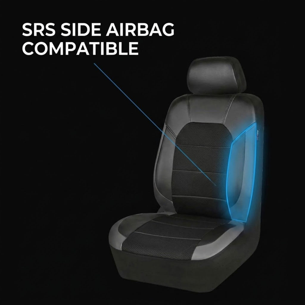 A black car seat shown on a dark background with the text 'SRS SIDE AIRBAG COMPATIBLE' and a blue highlighted side panel indicating compatibility.