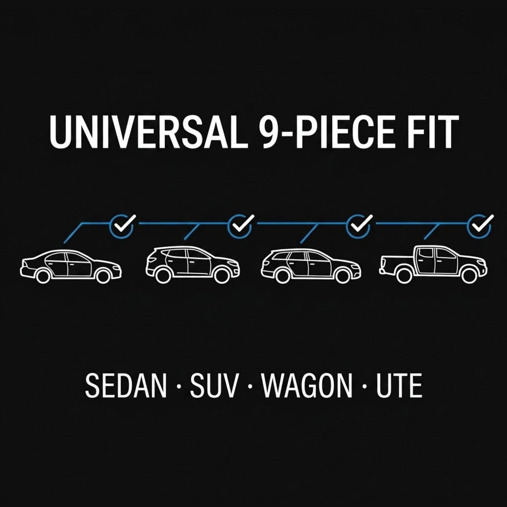 A black graphic with white text reading 'UNIVERSAL 9-PIECE FIT' and 'SEDAN • SUV • WAGON • UTE,' plus simple line drawings of four vehicle types connected by blue check marks and lines.