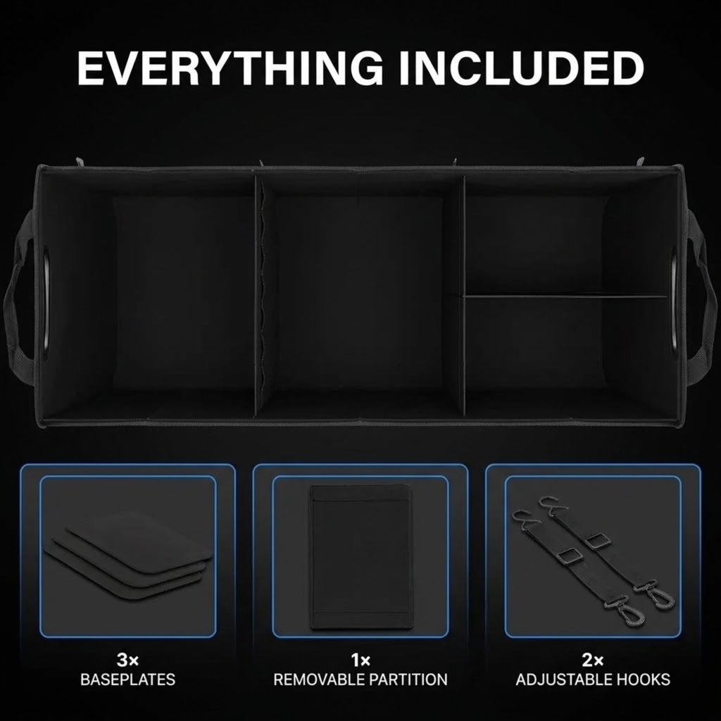 Black fabric storage organizer box shown open with three compartments and included accessories underneath on a black background, with text reading 'EVERYTHING INCLUDED' and labels for baseplates, removable partition, and adjustable hooks.