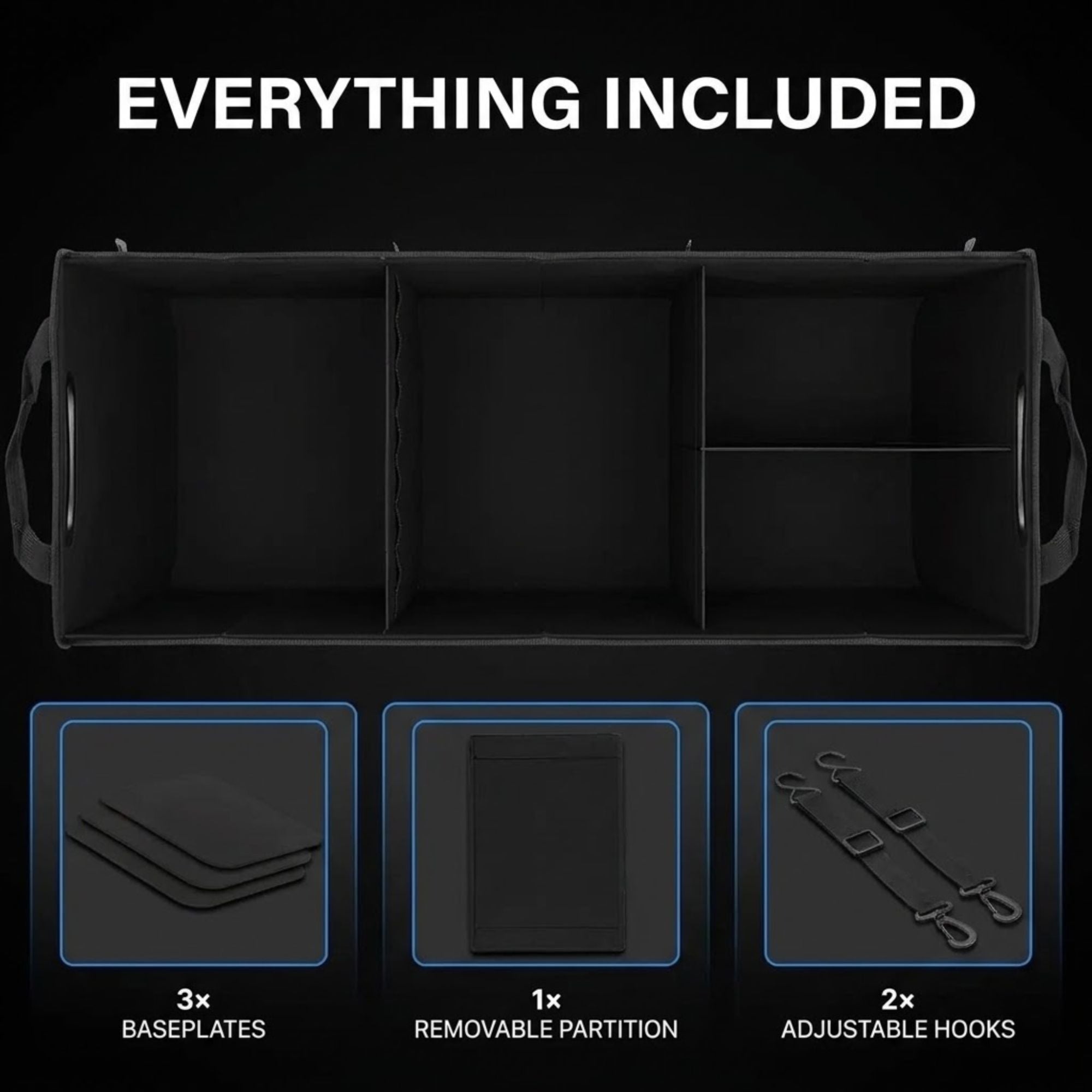 Black fabric storage organizer box shown open with three compartments and included accessories underneath on a black background, with text reading 'EVERYTHING INCLUDED' and labels for baseplates, removable partition, and adjustable hooks.
