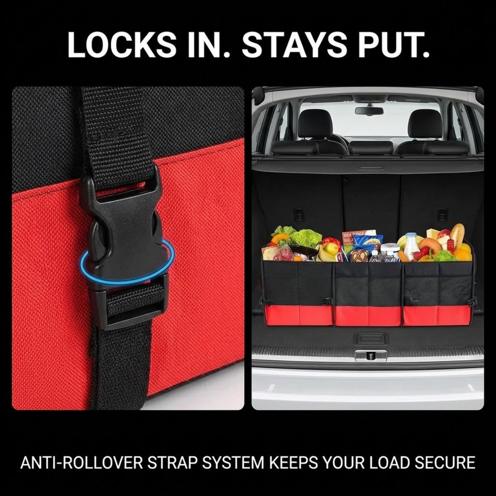 A cargo organizer bag with a red and black fabric body and black anti-rollover strap system, shown in a close-up of the buckle and a wider view hanging in a car trunk filled with groceries. Text at the top and bottom reads 'LOCKS IN.
