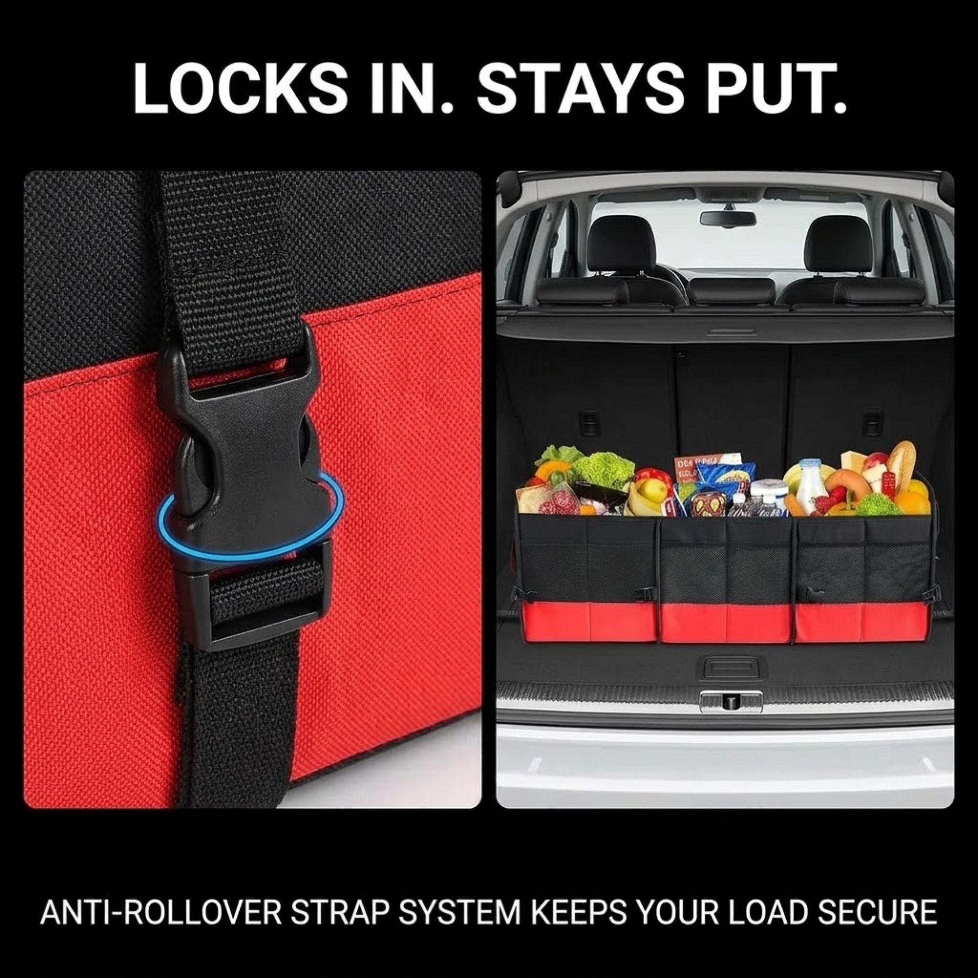 A cargo organizer bag with a red and black fabric body and black anti-rollover strap system, shown in a close-up of the buckle and a wider view hanging in a car trunk filled with groceries. Text at the top and bottom reads 'LOCKS IN.