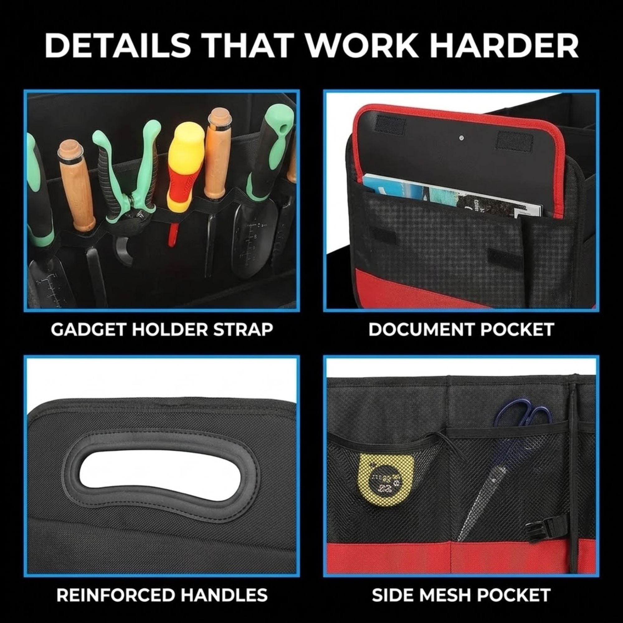 A 2x2 feature infographic on a black background titled 'DETAILS THAT WORK HARDER,' showing close-up views of a black and red organizer pouch: gadget holder strap, document pocket, reinforced handle, and side mesh pocket, each labeled with text below.