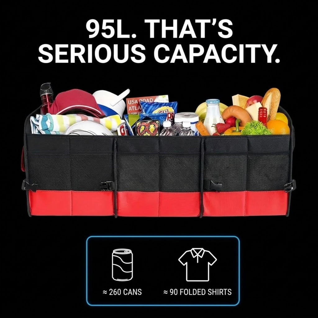 A large black and red car trunk organizer bag filled with groceries and beverages, shown on a black background with text reading '95L. THAT'S SERIOUS CAPACITY.