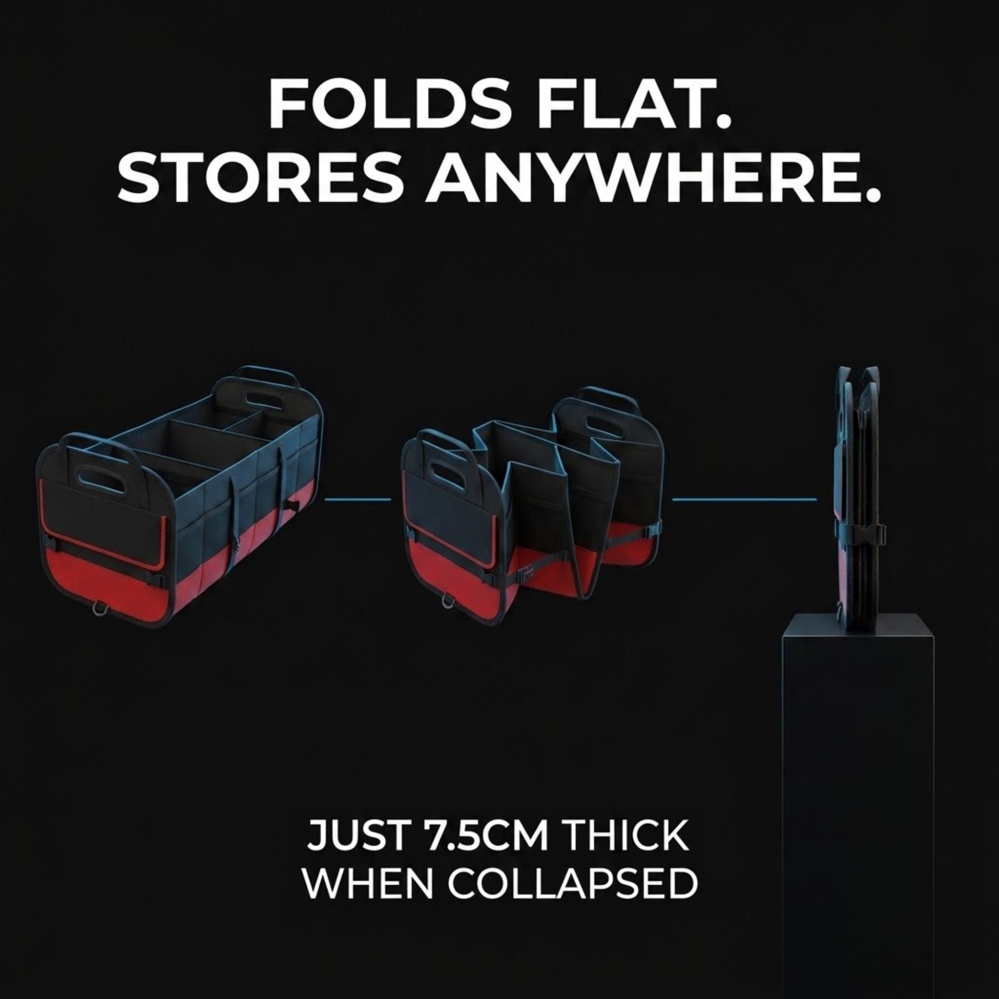 A black and red storage organizer shown folded flat and collapsed, with text reading 'FOLDS FLAT. STORES ANYWHERE.
