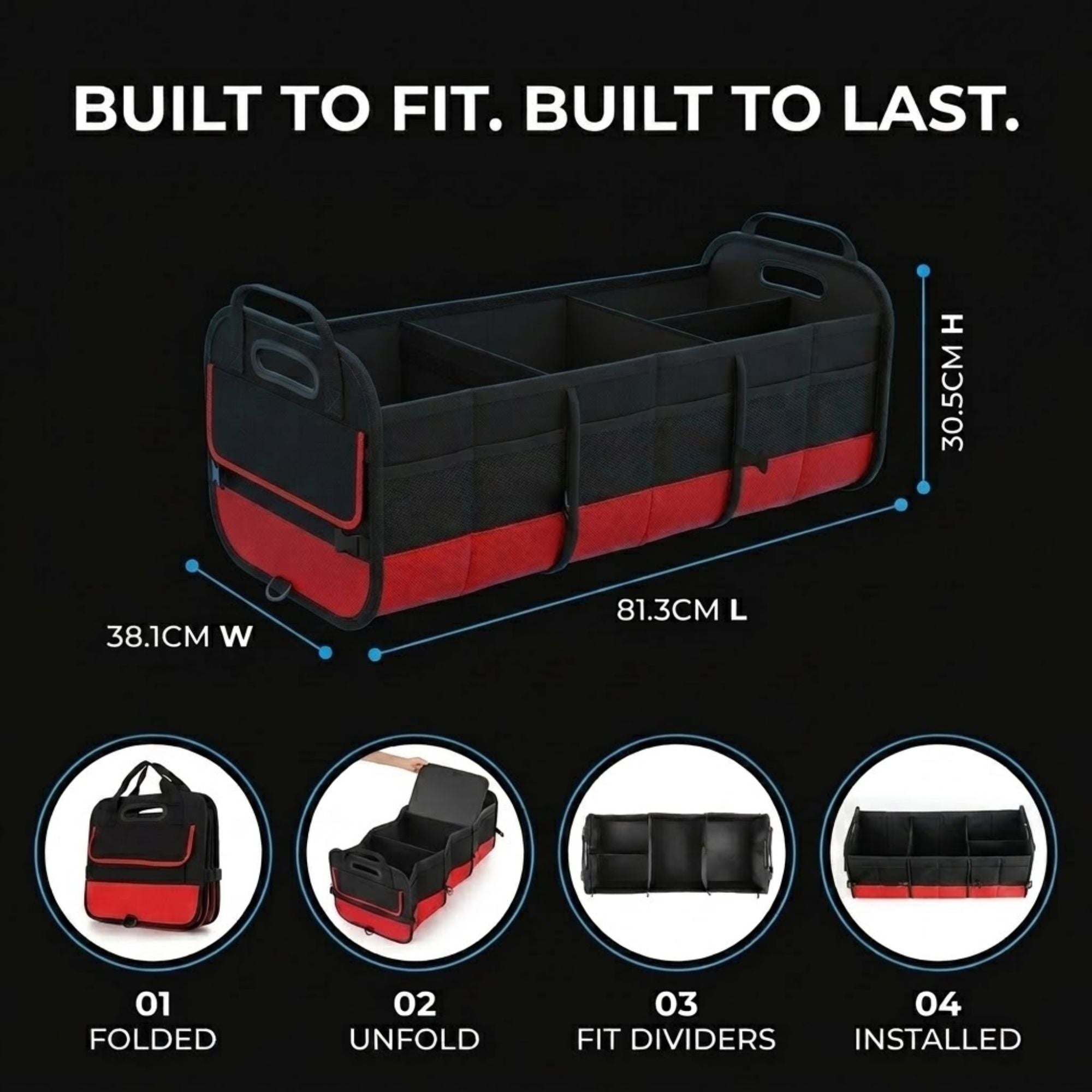 Black and red utility storage organizer tote with dimension labels showing 38.1cm width, 81.