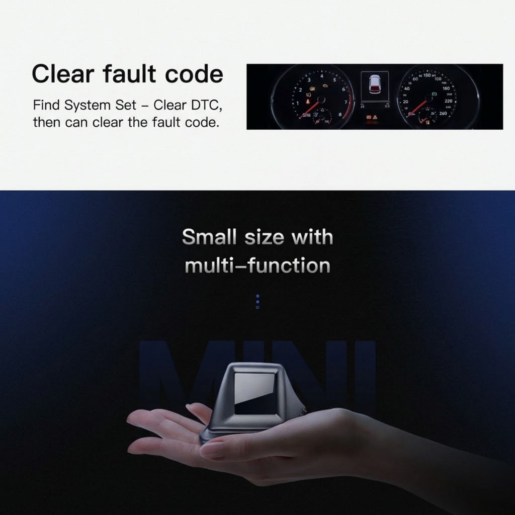 A-Pillar OBD2 GPS Gauge clear fault code function and compact gauge held in the palm of a hand