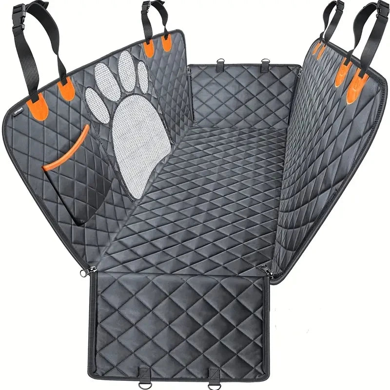 Quilted Dog Car Hammock in black with grey paw print mesh window, side flaps, headrest straps and orange accents, on a white background