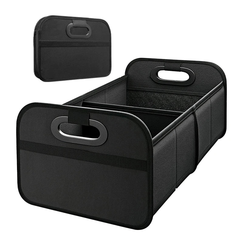 Black foldable SUV trunk organiser with reinforced compartments and padded carry handles