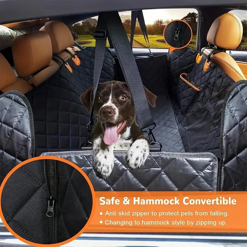 Quilted Dog Car Hammock installed in hammock mode across a car back seat, dog looking over the front, with inset of anti-skid zip