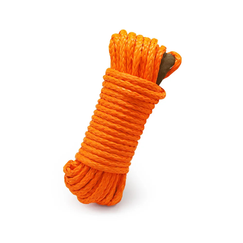 Orange UHMWPE Synthetic Winch Rope coiled with protective sleeve on a white background
