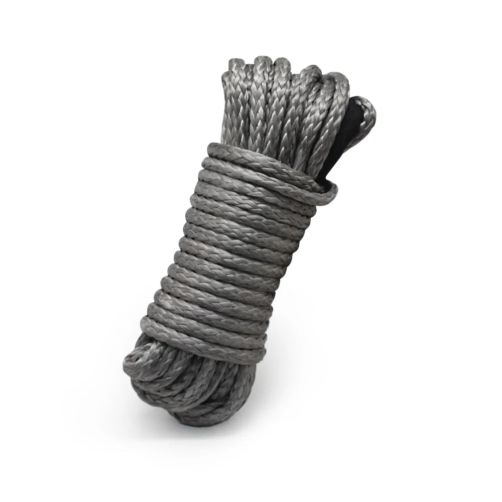 Grey UHMWPE Synthetic Winch Rope coiled with protective sleeve on a white background