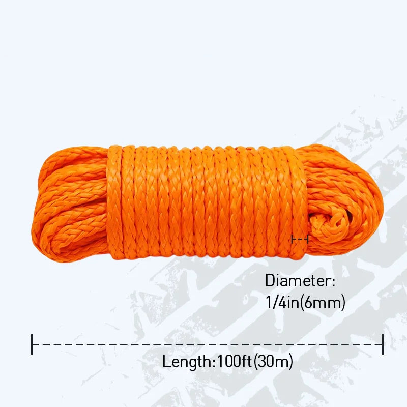 Orange UHMWPE Synthetic Winch Rope coil measuring 6 mm diameter and 30 m length
