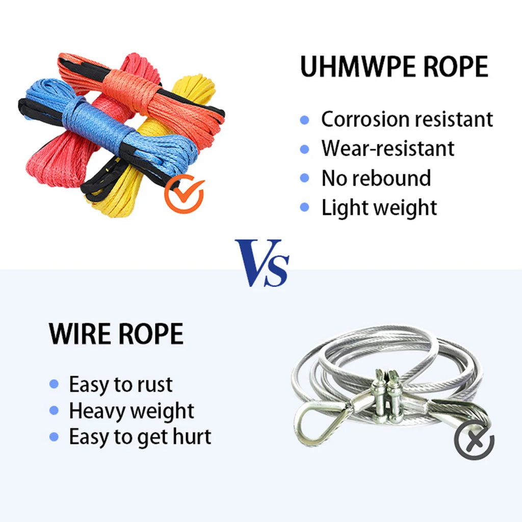 UHMWPE Synthetic Winch Rope in several colours compared with steel wire winch cable, showing lighter weight and corrosion resistance