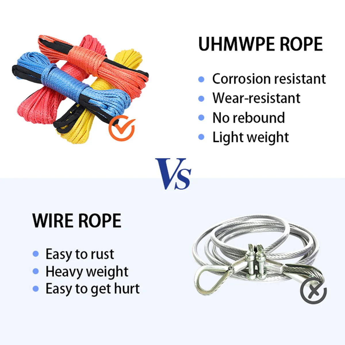 UHMWPE Synthetic Winch Rope in several colours compared with steel wire winch cable, showing lighter weight and corrosion resistance