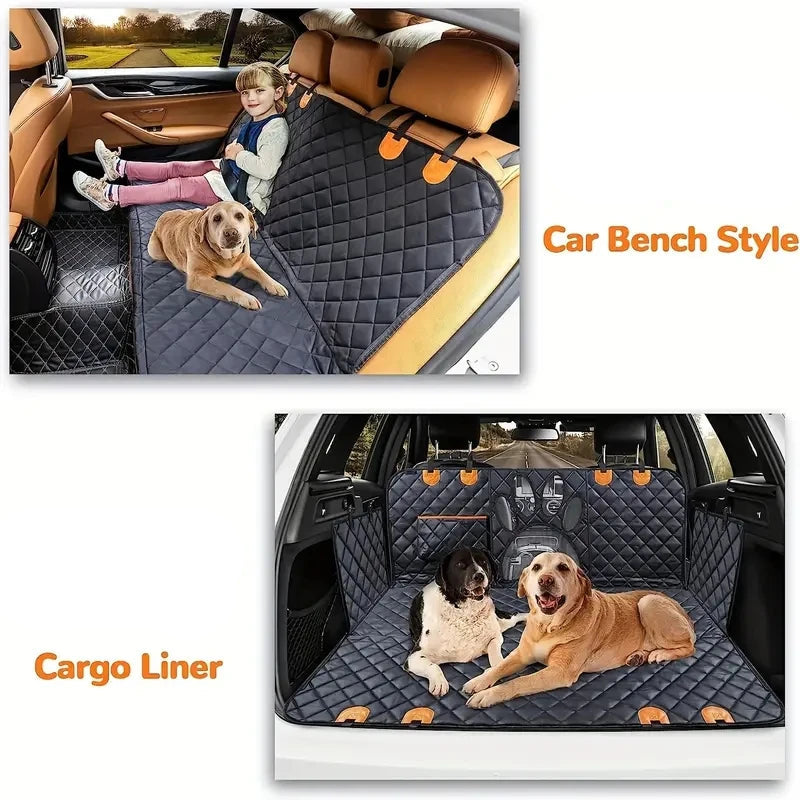Quilted Dog Car Hammock used as a bench seat cover with a child and dog, and as a cargo liner in a car boot with two dogs
