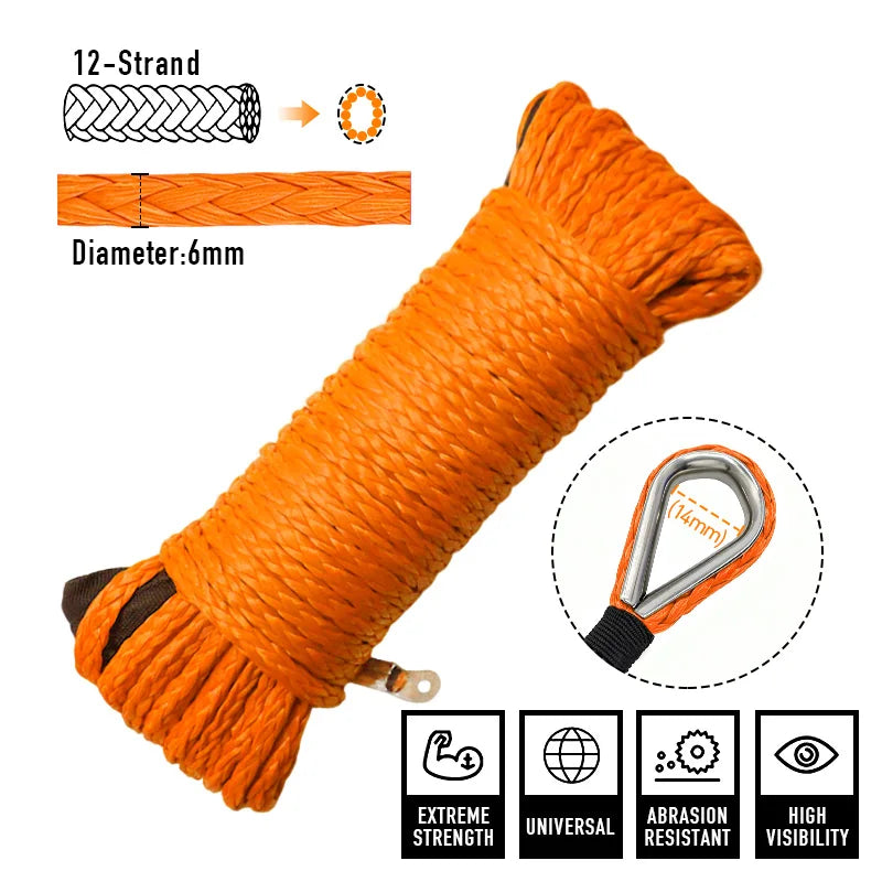 Orange UHMWPE Synthetic Winch Rope with 6 mm 12-strand braid, protective sleeve and close-up of the thimble eye