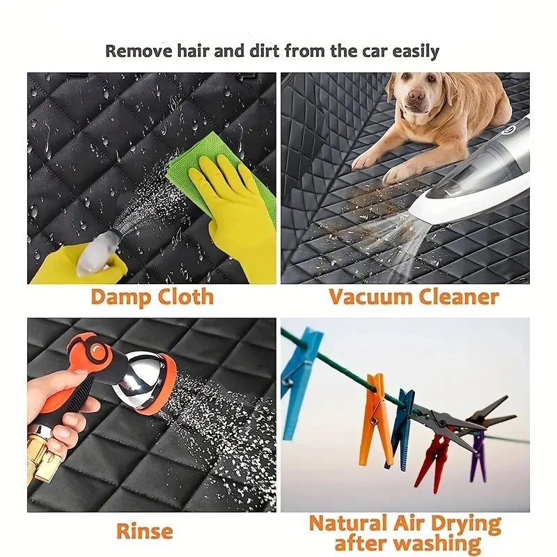Quilted Dog Car Hammock cleaning guide showing wiping with a damp cloth, vacuuming dog hair, hosing down and air drying on a line