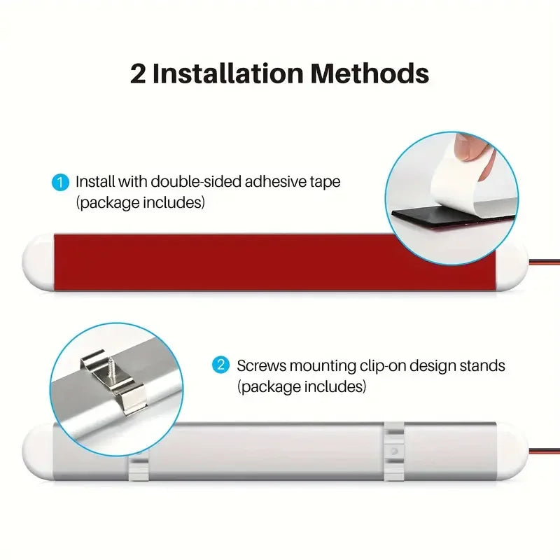 Two installation methods for the LED light bar: peeling on the included double-sided adhesive tape, and fitting it with screw-mounted clip-on brackets.