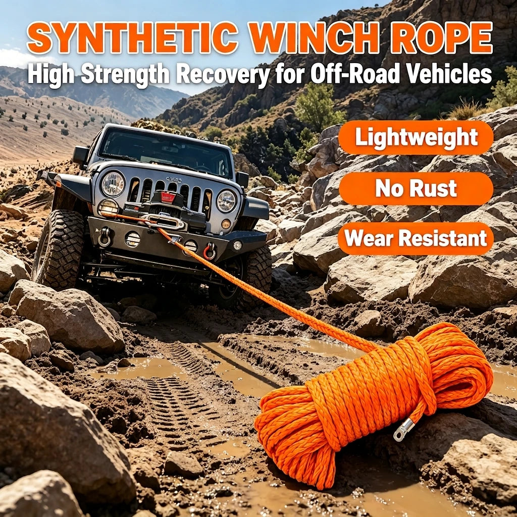 UHMWPE Synthetic Winch Rope attached to a 4WD winch during an off-road recovery on rocky terrain