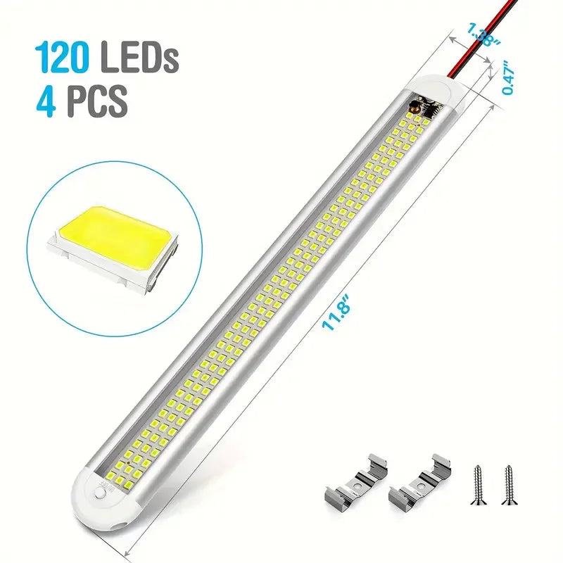 Single LED interior light bar shown at an angle with a 120 LEDs callout, dimension lines (11.8 x 1.38 x 0.47 in), an LED chip close-up and included clips and screws.