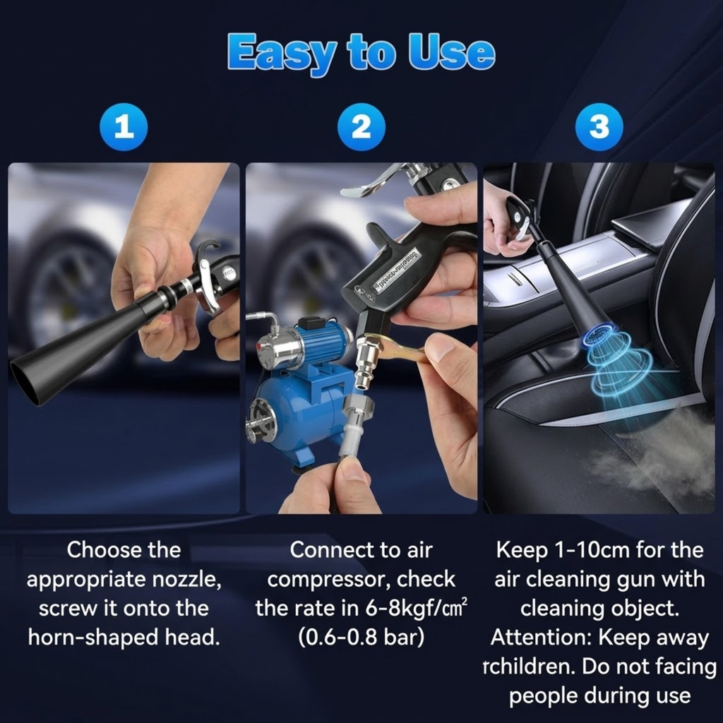 Three-step usage guide for attaching the nozzle, connecting to a compressor and cleaning a car interior with the air blow gun