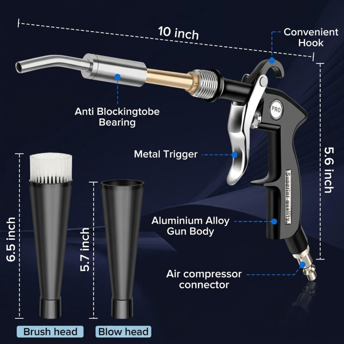 Dimension diagram of the detailing air blow gun and its brush and blow head attachments
