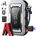 All-In-One Power Starter jump starter with USB cable, nozzle attachments, jumper cables and storage pouch on a white background