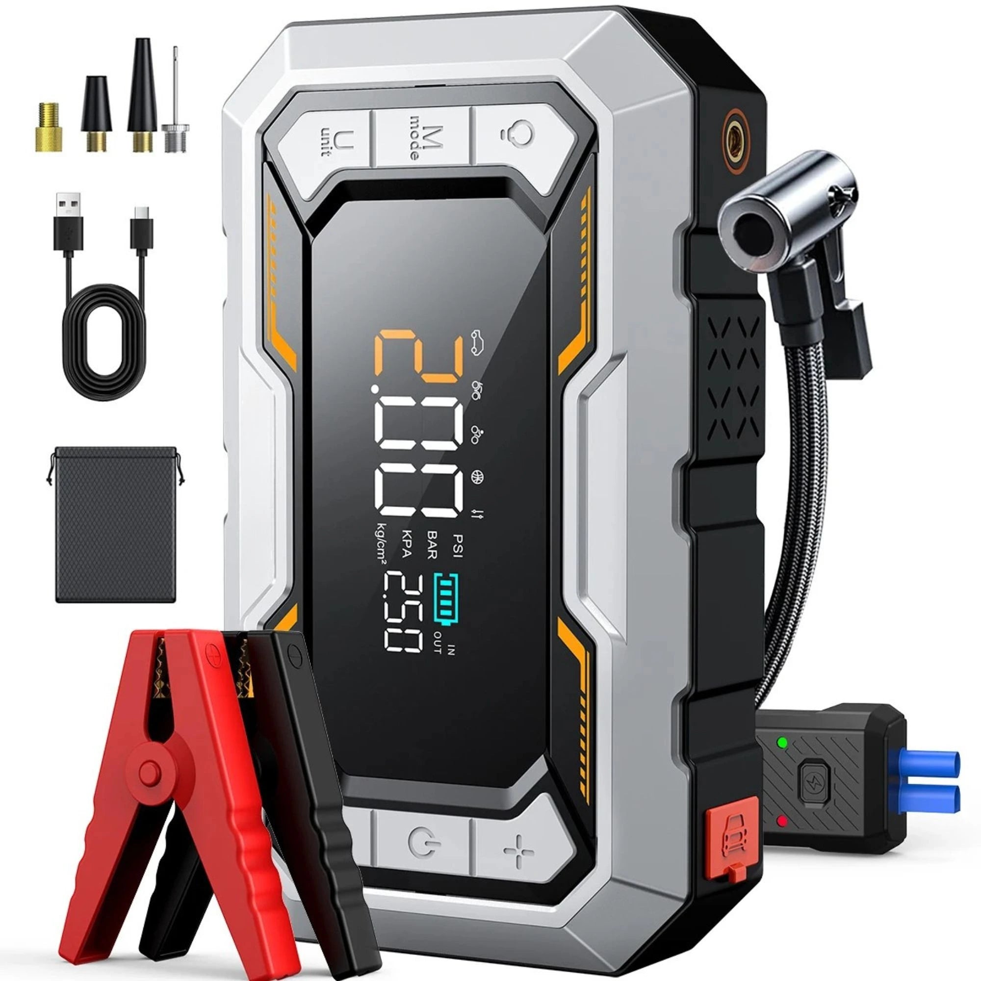 All-In-One Power Starter jump starter with USB cable, nozzle attachments, jumper cables and storage pouch on a white background