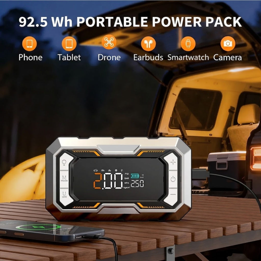 All-In-One Power Starter 92.5Wh portable power pack charging a phone at a campsite, also compatible with tablets, drones and cameras