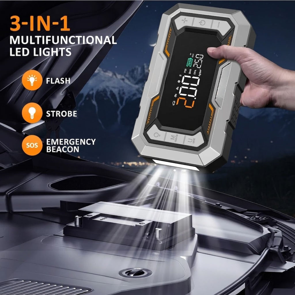 Hand holding the All-In-One Power Starter over a car engine bay, shining its 3-in-1 flash, strobe and SOS LED lights at night