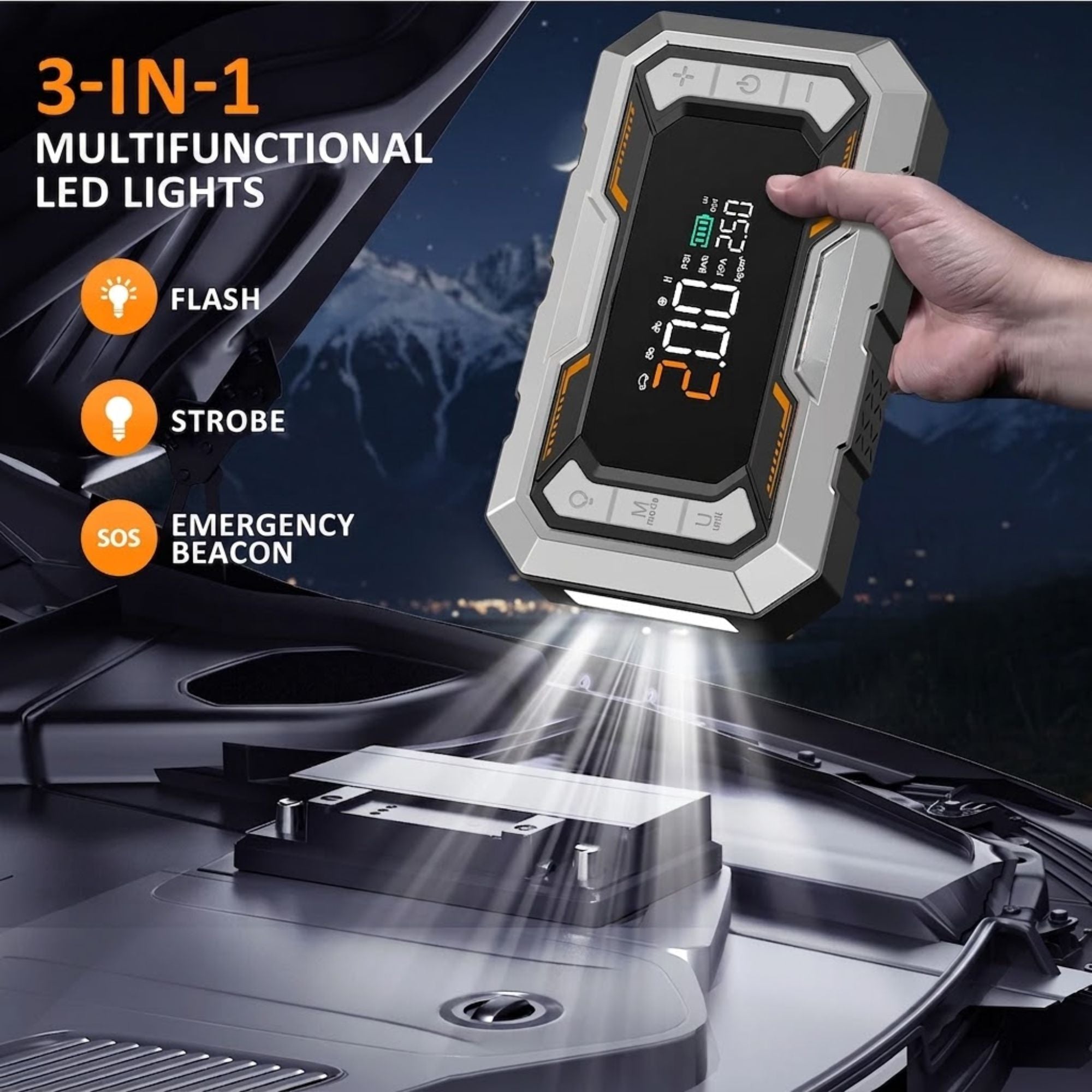 Hand holding the All-In-One Power Starter over a car engine bay, shining its 3-in-1 flash, strobe and SOS LED lights at night