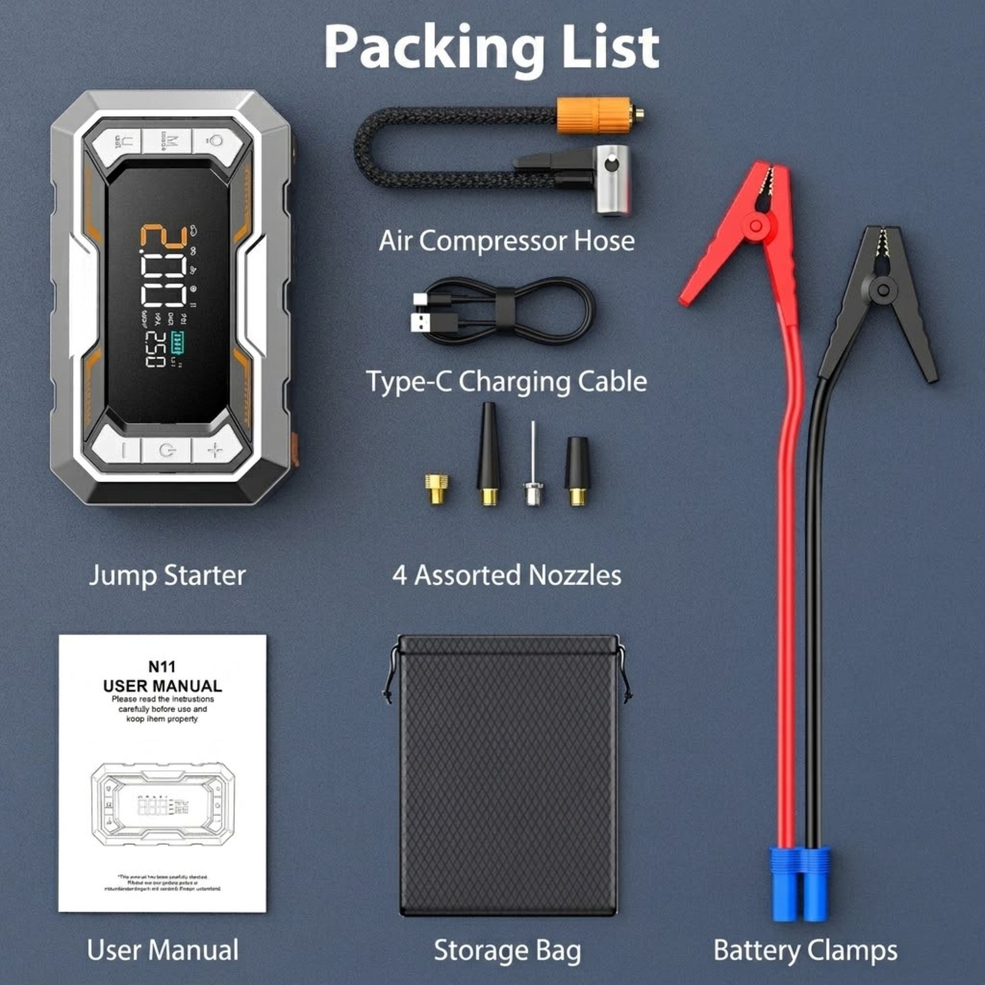 All-In-One Power Starter packing list flat lay showing the jump starter, air hose, nozzles, USB cable, storage bag and battery clamps