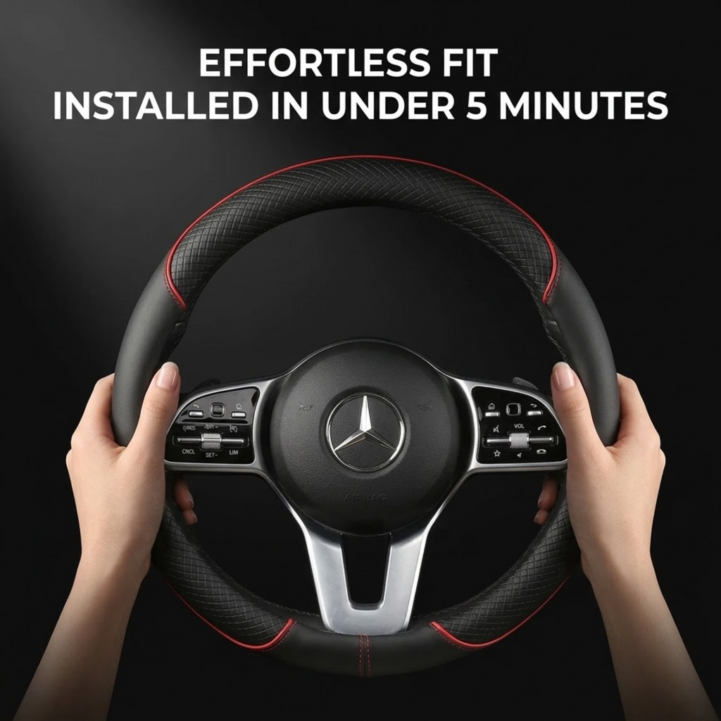 A black steering wheel cover with red stitching is shown being installed on a Mercedes-Benz steering wheel, with hands holding the wheel and bold white text at the top reading 'EFFORTLESS FIT / INSTALLED IN UNDER 5 MINUTES'.