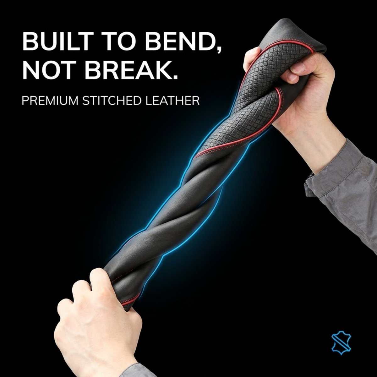 A twisted black leather strap or band being stretched by two hands against a black background, with text reading 'BUILT TO BEND, NOT BREAK. PREMIUM STITCHED LEATHER.