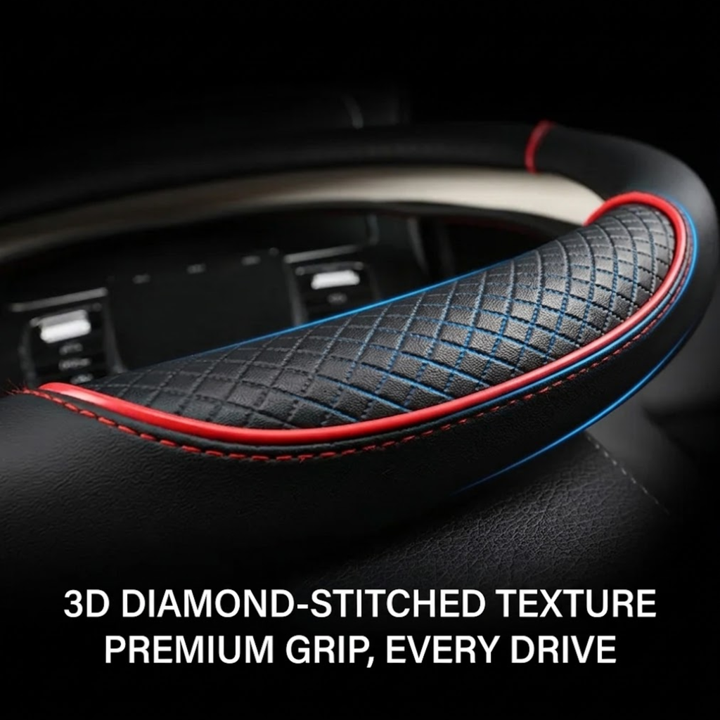 A close-up of a car steering wheel cover with a black diamond-stitched texture, accented by red and blue stitching and trim, shown on a dark car interior with text overlay at the bottom.