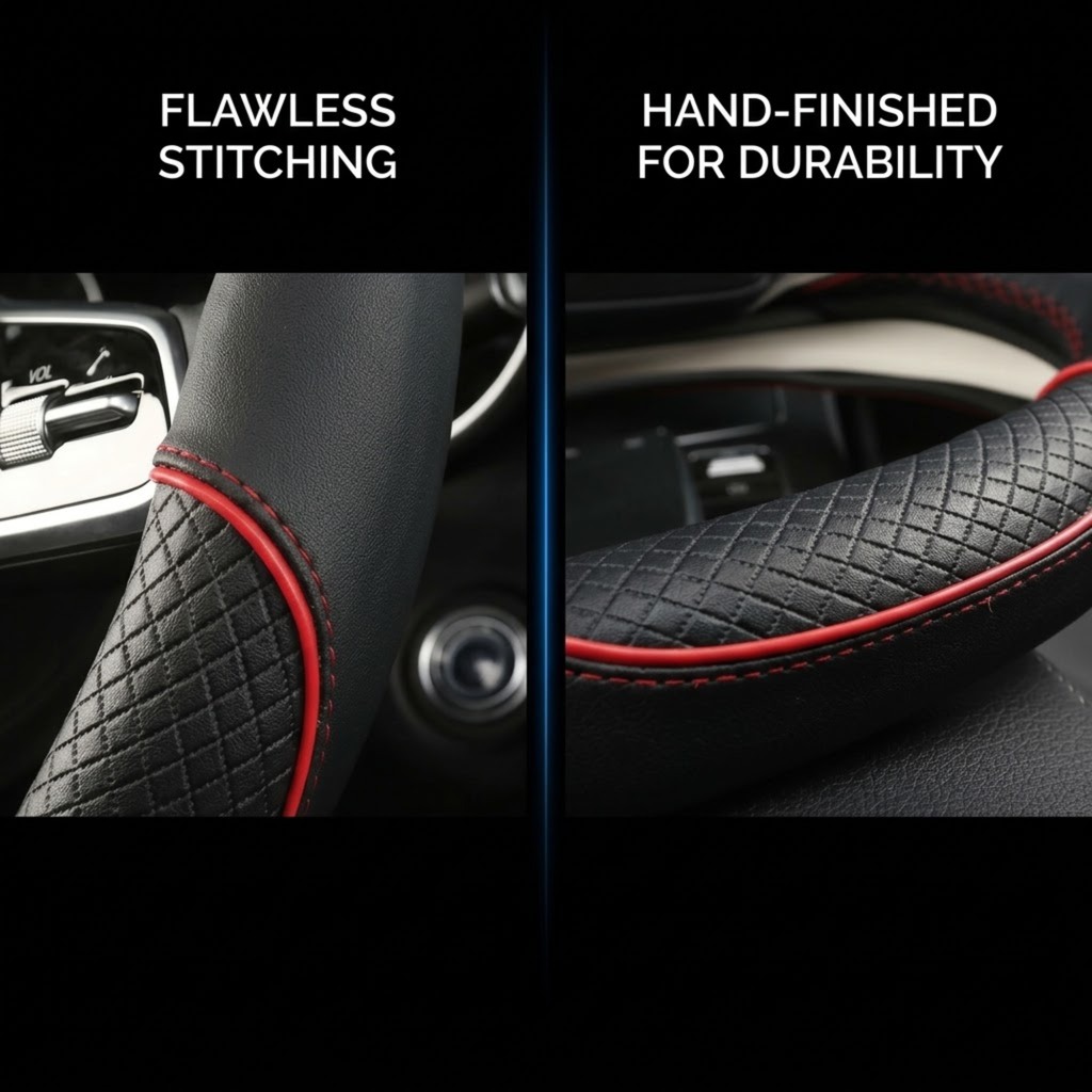 A split-screen close-up of a black quilted steering wheel and seat cover with red contrast stitching, with text reading 'FLAWLESS STITCHING' and 'HAND-FINISHED FOR DURABILITY'.