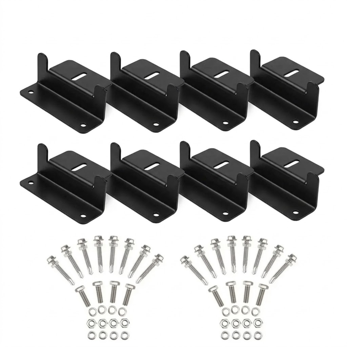 Eight black aluminium solar panel Z-brackets with stainless steel screws, bolts and washers