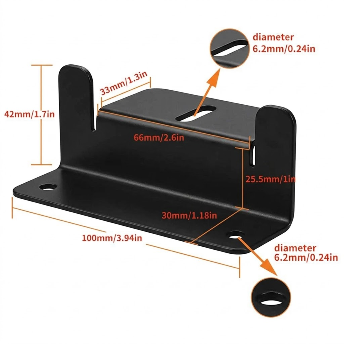 Aluminium solar panel Z-bracket dimensions: 100 mm long, 42 mm tall with 6.2 mm mounting holes